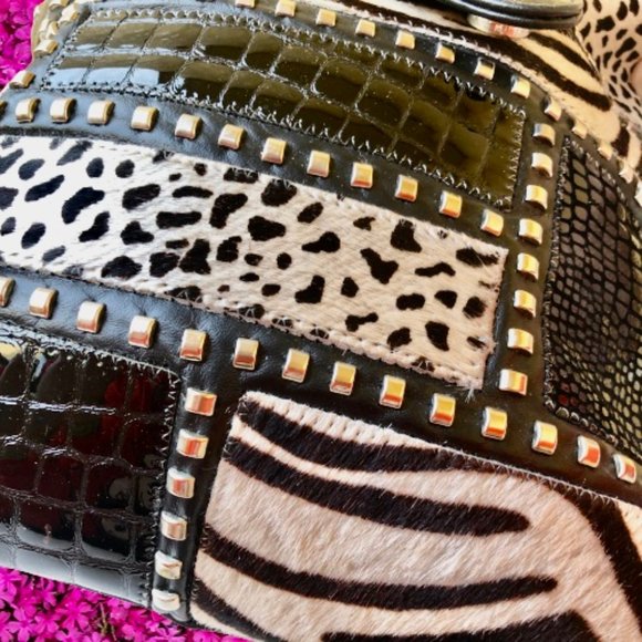 Vintage Genuine Leather Calf Hair Patchwork Shoulder Bag Mixed Prints - Picture 12 of 14